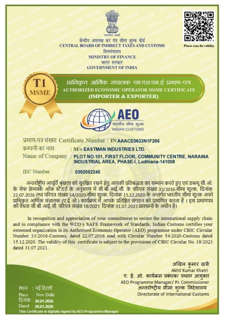INDIAN CUSTOMS AEO CERTIFICATE EASTMAN